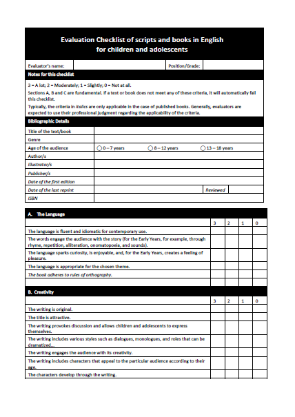 Evaluation Checklist of scripts and books in English for children and adolescents